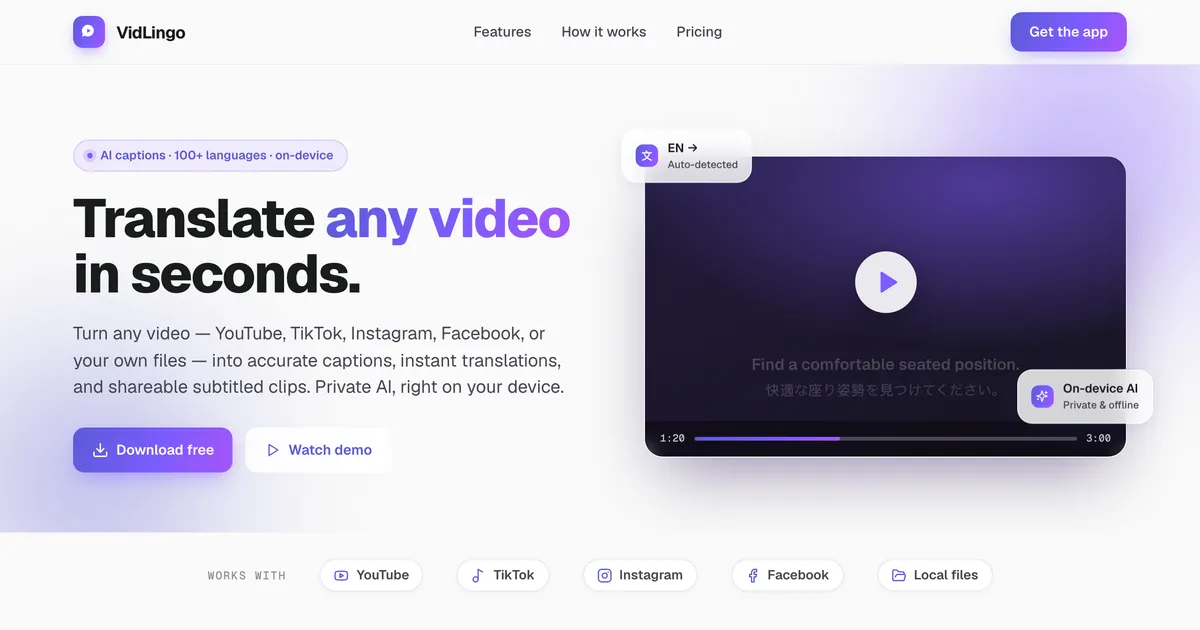 VidLingo app showing bilingual subtitles and neural voice translation controls for 100+ languages